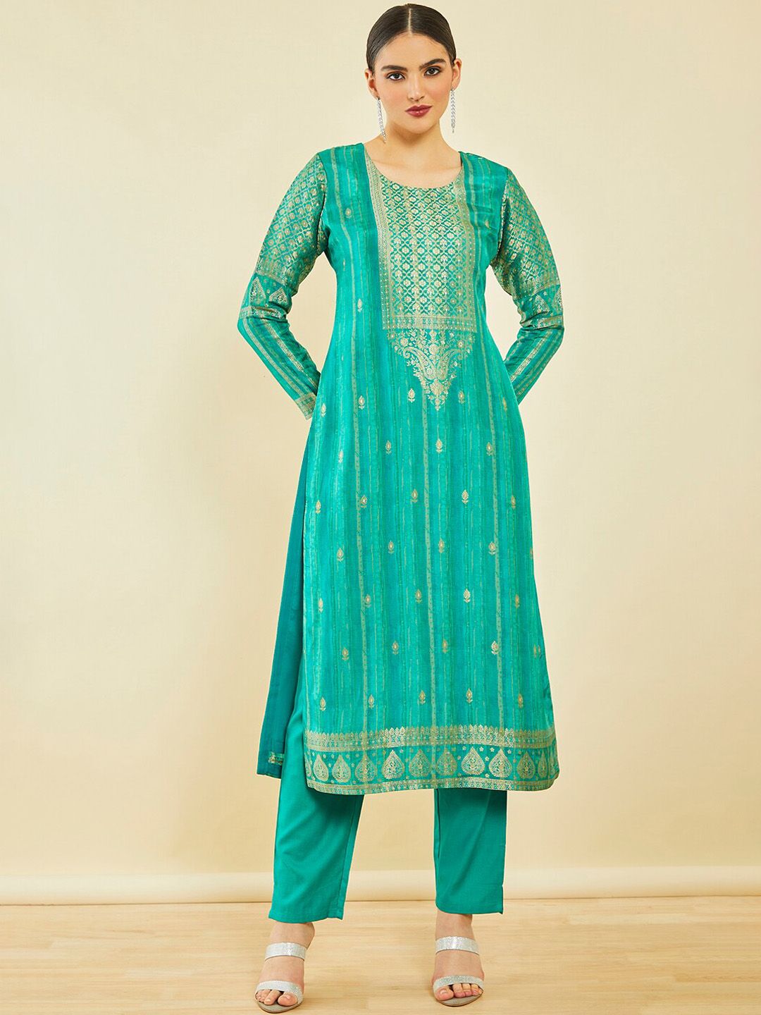 Dhiyona SO Women's Ethnic Motifs Woven Design Brocade Kurta with Trousers & Dupatta