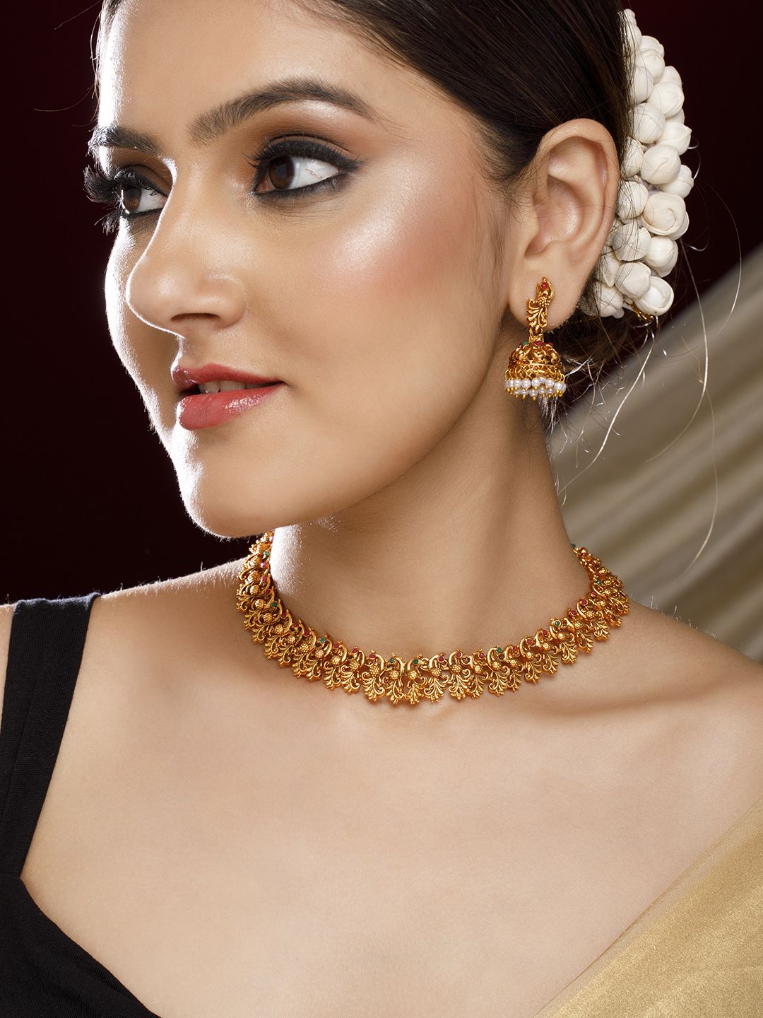 Dhiyona RJ Women's 22K Gold-Plated Ruby Red & Emerald Green Studded Temple Necklace Jewelry Set