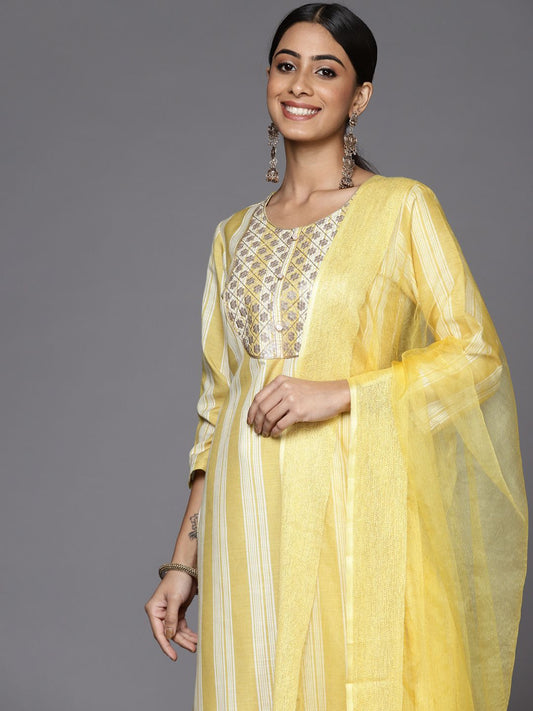 Dhiyona VA Women's Yellow Striped Sequinned Kurta with Trousers & With Dupatta