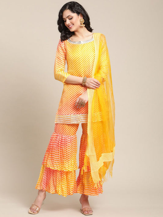 Dhiyona VA Women's Yellow Printed Gotta Patti Kurti with Sharara & Dupatta