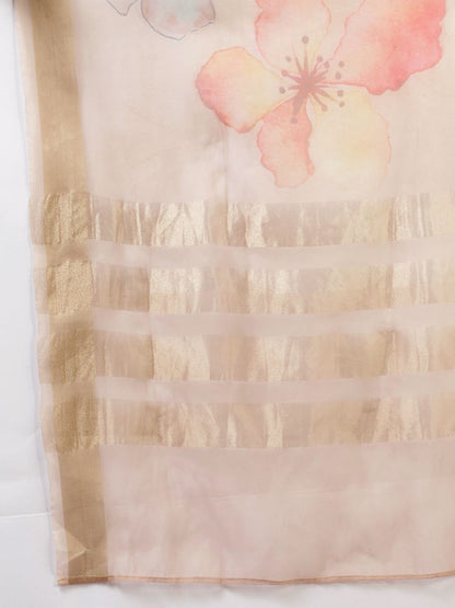 Burgundy & Gold Striped Yoke Thread Work Liva Straight Kurta Trousers & Dupatta