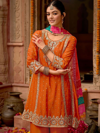 Dhiyona IE Floral Embroidered Panelled Mirror Work A-Line Kurta With Palazzos & Dupatta