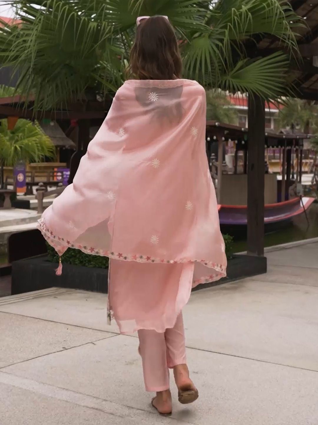 Floral Embroidered Sequinned Straight Kurta with Trouser & Dupatta