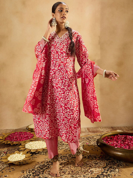 Dhiyona IE Floral Printed Straight Thread Work Kurta with Trousers & Dupatta
