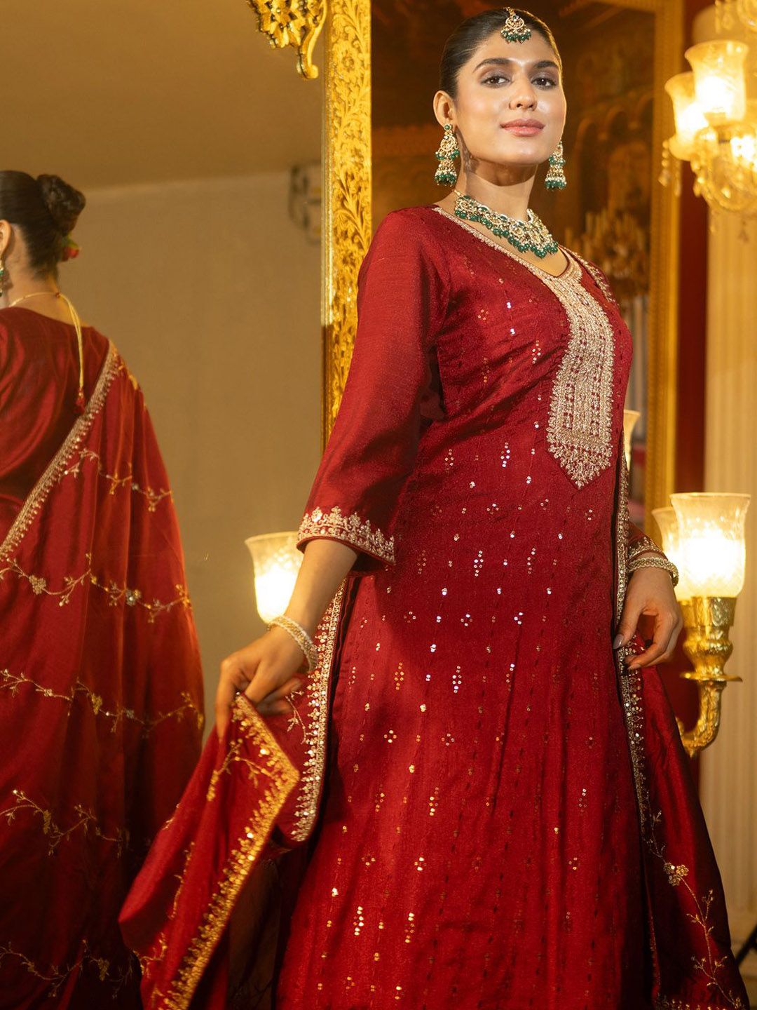 Women Floral Embroidered Sequinned Straight Kurta With Trousers & Dupatta