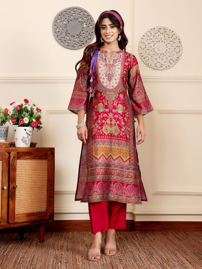 Dhiyona VA Women'sEthnic Motifs Printed Gotta Patti Chanderi Silk Kurta With Trousers And Dupatta