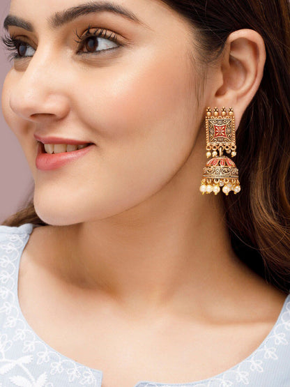 Dhiyona RJ Women's 22K Gold-Plated Red Enamel Handcrafted Dome Shape Jhumkas with Pearl Drops