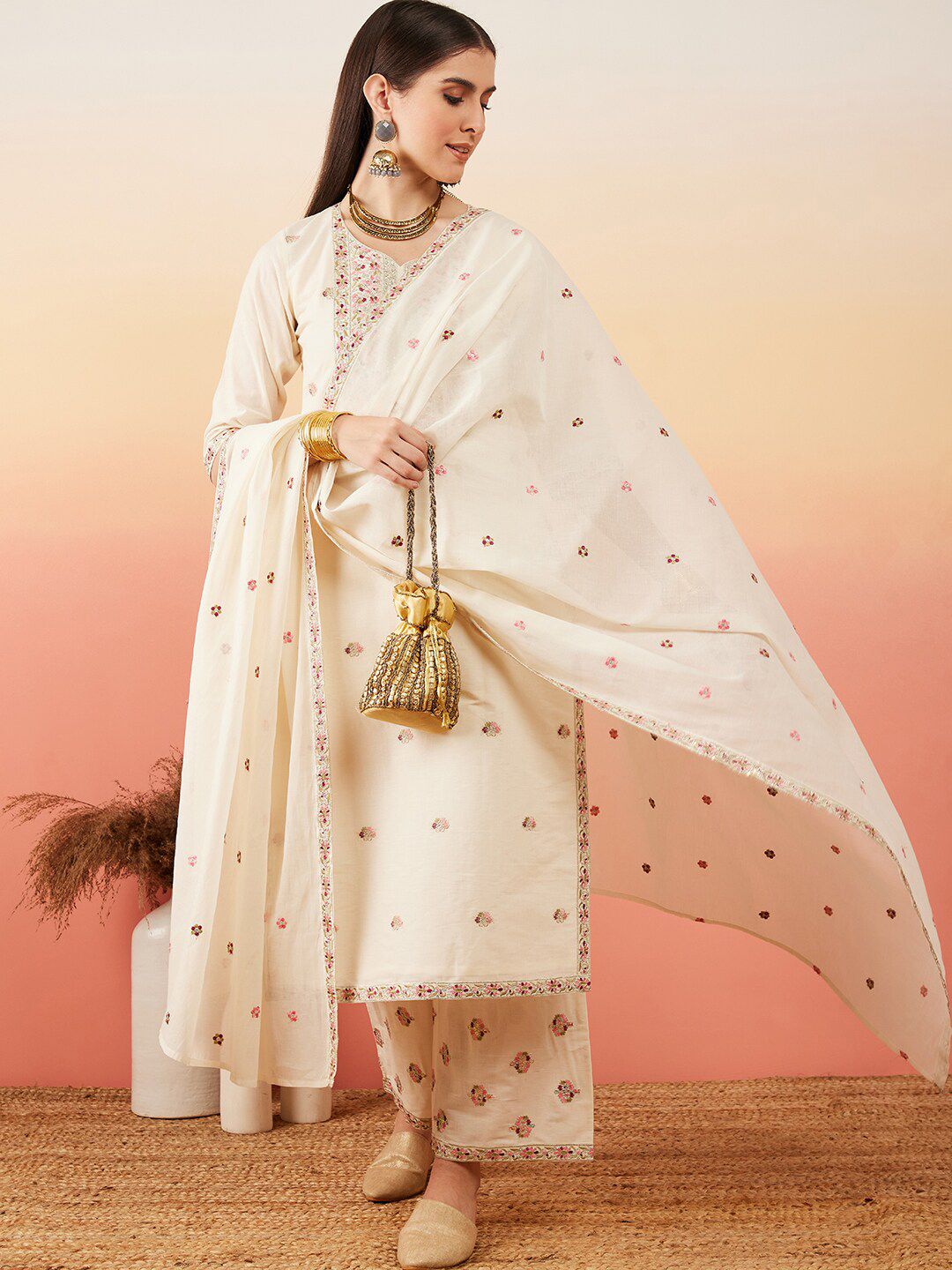Dhiyona SN Women's Floral Embroidered Pure Cotton Straight Kurta With Palazzo & Dupatta