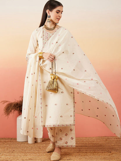 Dhiyona SN Women's Floral Embroidered Pure Cotton Straight Kurta With Palazzo & Dupatta