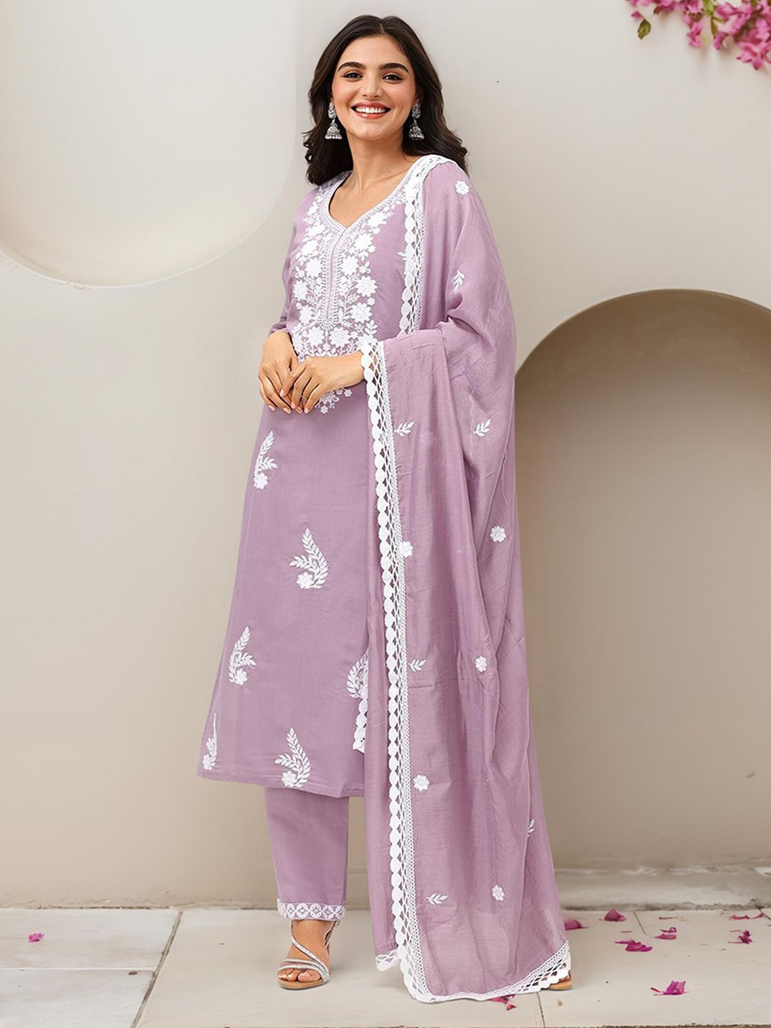 Dhiyona IS Women's Ethic Motifs Embroidered Straight Thread Work Kurta with Trousers & Dupatta