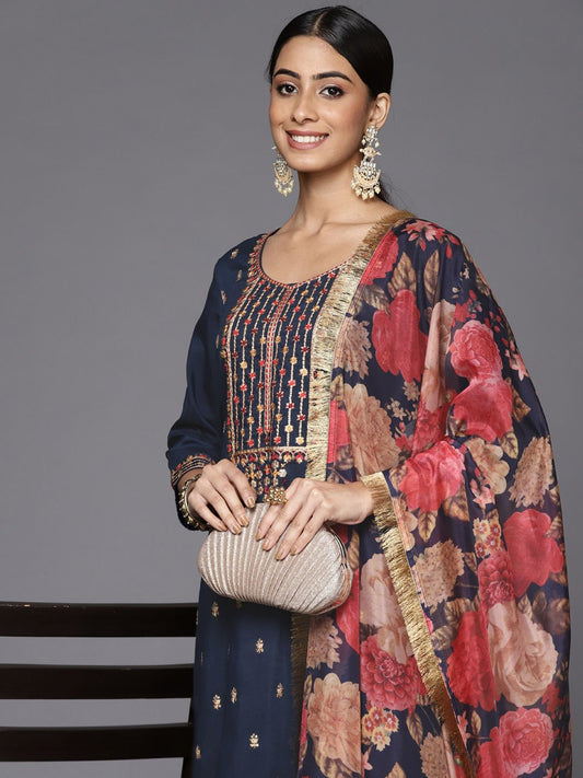 Dhiyona VA Women's Blue Embroidered Kurta with Trousers & With Dupatta