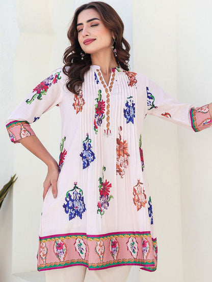 Dhiyona IE Printed Pure Cotton Mandarin Collar Neck A-Line Tunic With Trousers Co-Ords