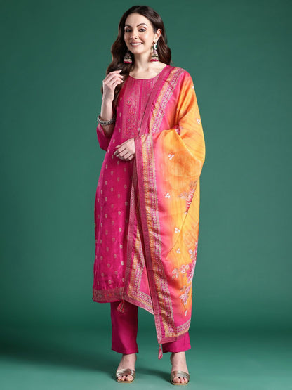 Dhiyona IE Women Ethnic Motifs Woven Design Kurta with Trousers & With Dupatta