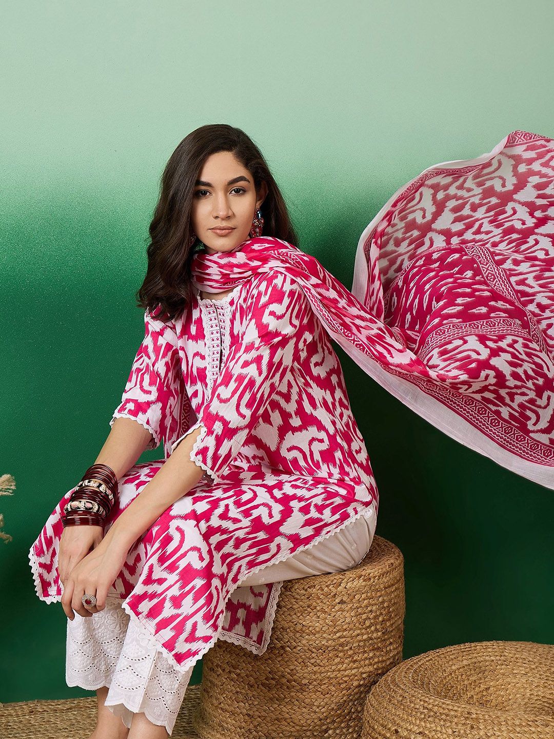 Dhiyona SN Women's Notch Neck Printed Pure Cotton Kurta With Trousers & Dupatta