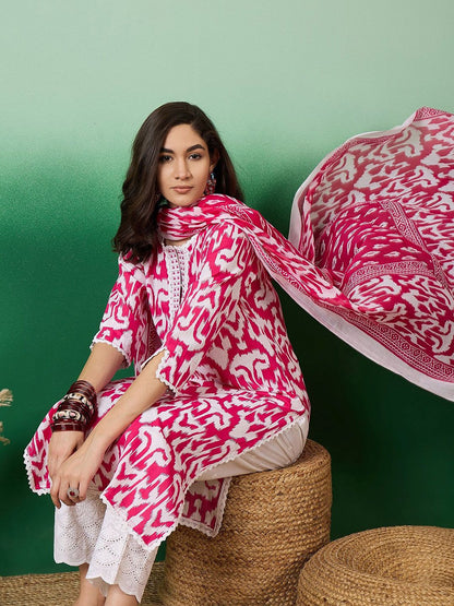 Dhiyona SN Women's Notch Neck Printed Pure Cotton Kurta With Trousers & Dupatta