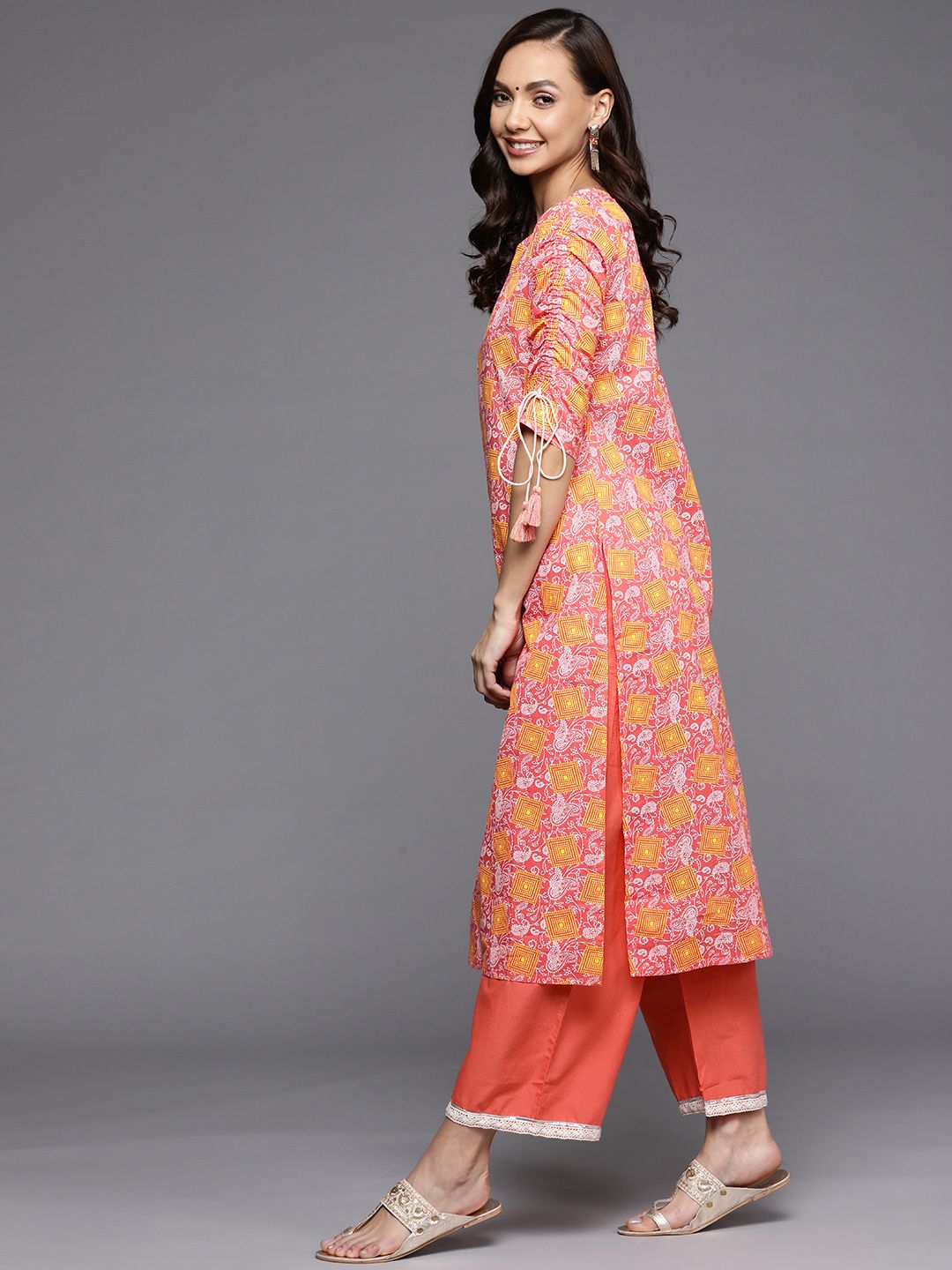 Women Coral Red Ethnic Motifs Printed Kurta with Trousers & With Dupatta