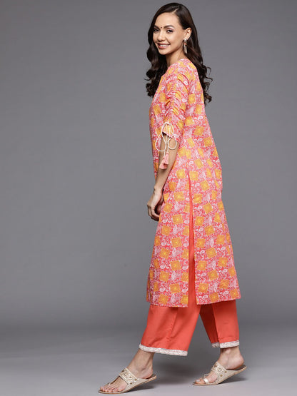 Women Coral Red Ethnic Motifs Printed Kurta with Trousers & With Dupatta
