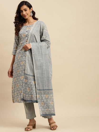 Dhiyona SN Women's Grey Ethnic Printed Thread Work Pure Cotton Kurta With Trouser & Dupatta Set