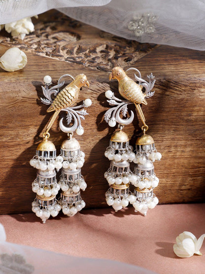 Dhiyona RJ Women's Women Oxidised Rhodium Plated White Pearls with Birds Multi Jhumka Earrings