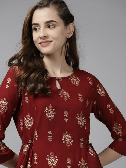 Dhiyona IE Women Maroon Ethnic Motifs Printed Keyhole Neck Anarkali Kurta