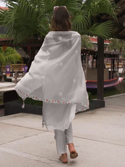 Floral Embroidered Sequinned Straight Kurta with Trouser & Dupatta