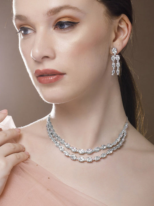 Dhiyona RJ Women's Rhodium-Plated White Cubic Zirconia Studded Premium Luxe Jewellery Set