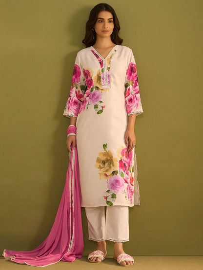 Dhiyona IE Floral Printed V-Neck Linen Straight Kurta With Trousers & Dupatta