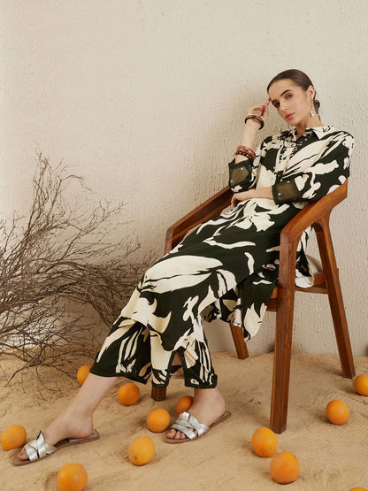 Floral Printed Sequinned Shirt Collar Straight Kurta with Trousers