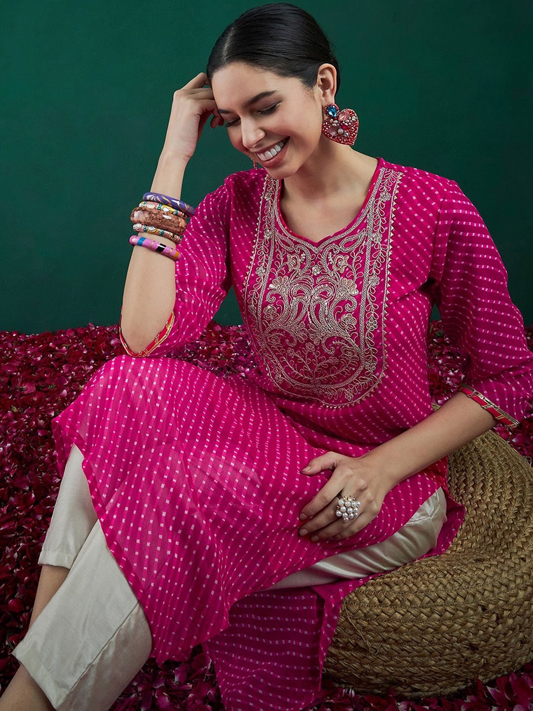 Dhiyona IE Leheriya Printed Thread Work Straight Kurta