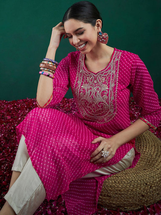 Dhiyona IE Leheriya Printed Thread Work Straight Kurta