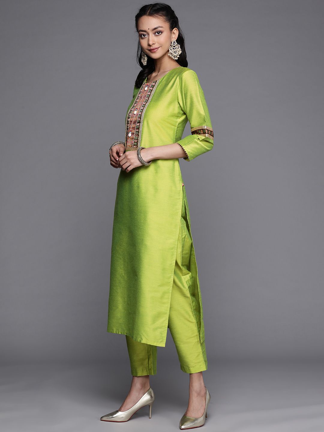 Dhiyona VA Women's Lime Green Ethnic Motifs Yoke Design Beads and Stones Kurta with Trousers & With Dupatta