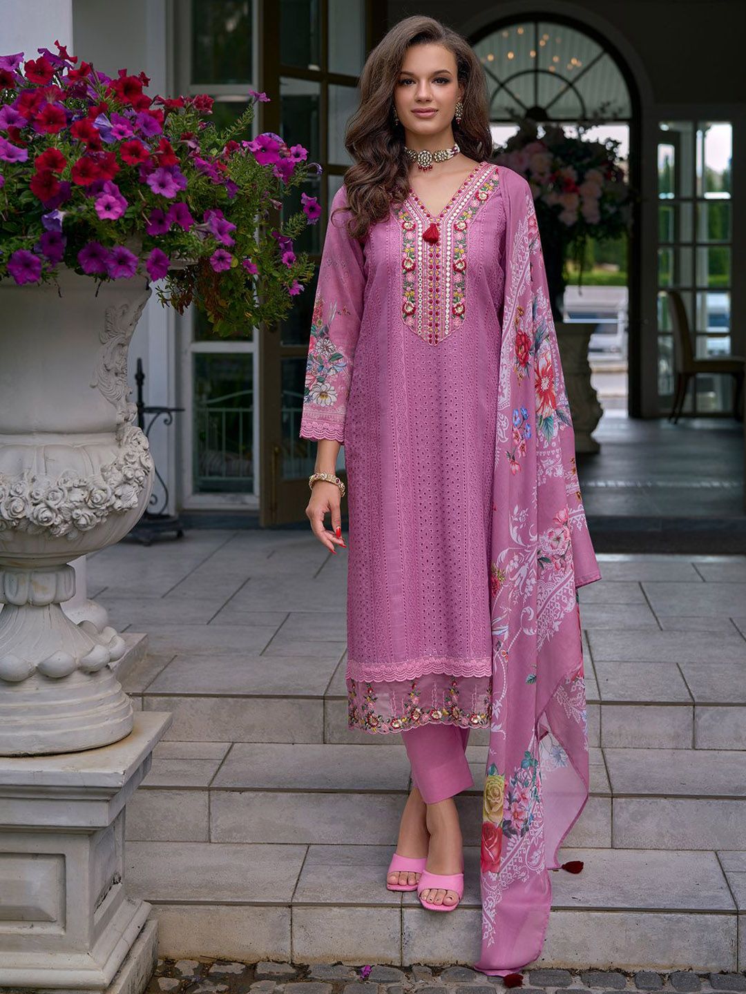 Floral Embroidered Mirror Work Pure Cotton Kurta With Trousers & Dupatta