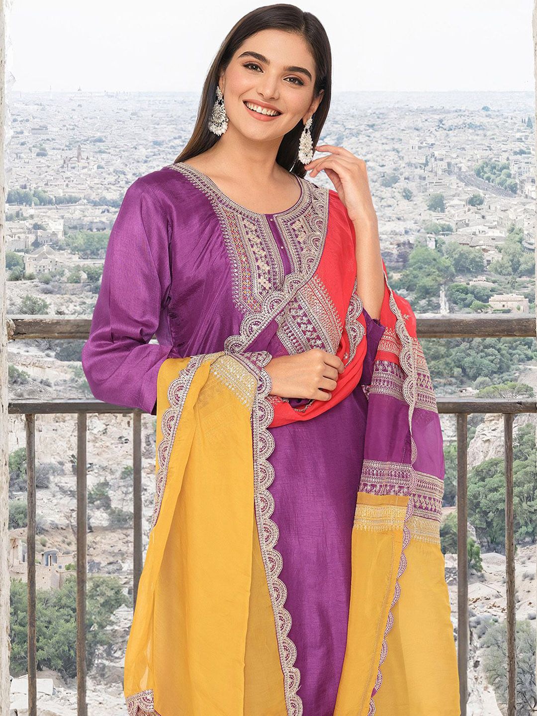 Dhiyona IS Women's Floral Yoke Design Zari Straight Kurta With Trouser And Dupatta