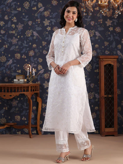 Dhiyona PD Women Ethnic Motif Embroidered Mandarin Collar Kurta With Palazzos & Slip