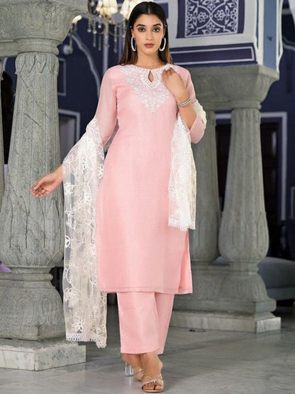 Dhiyona VA Women'sFloral Thread Zari Embroidered Straight Kurta & Trousers With Dupatta