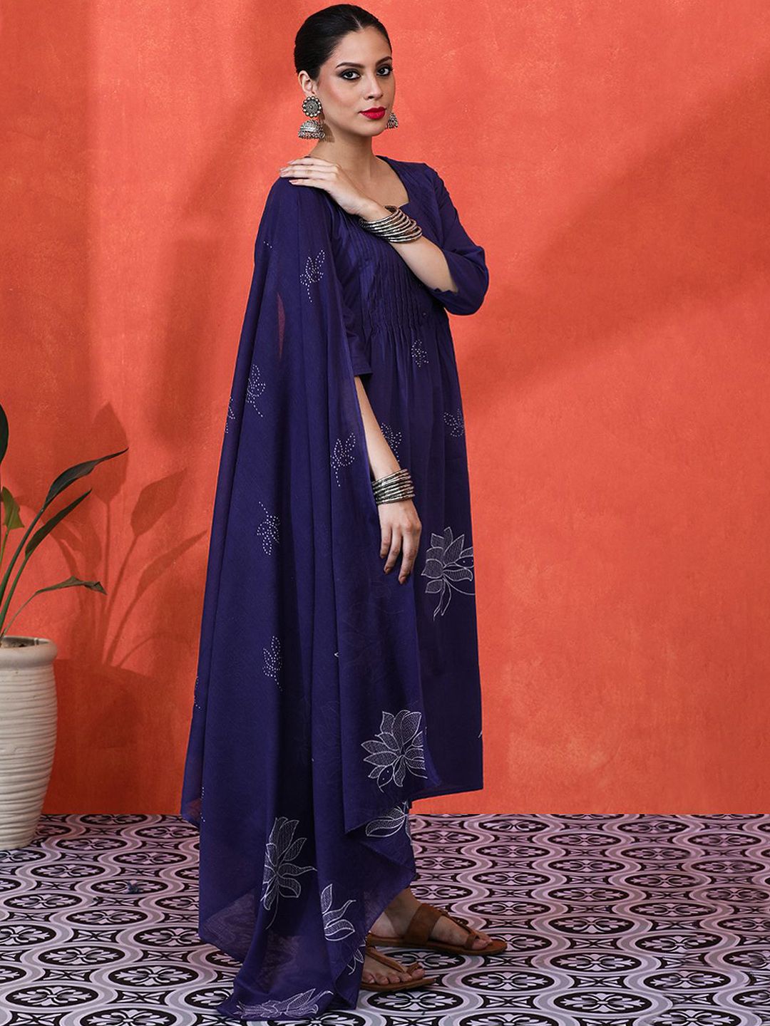 Dhiyona SN Women's Floral Printed Pure Cotton A-Line Kurta And Trousers With Dupatta