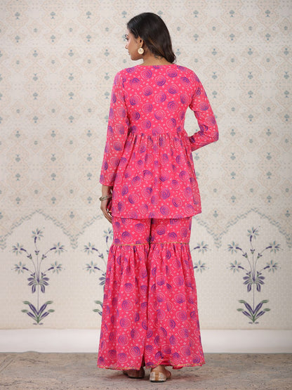 Dhiyona OD  Red Bandhani Printed Angrakha A-Line Kurti With Sharara