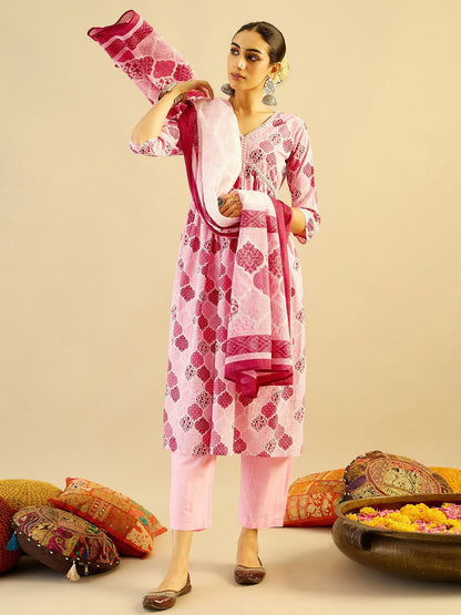 Dhiyona IE Ethnic Motifs Printed Mirror Work Pure Cotton Kurta with Trouser And Dupatta