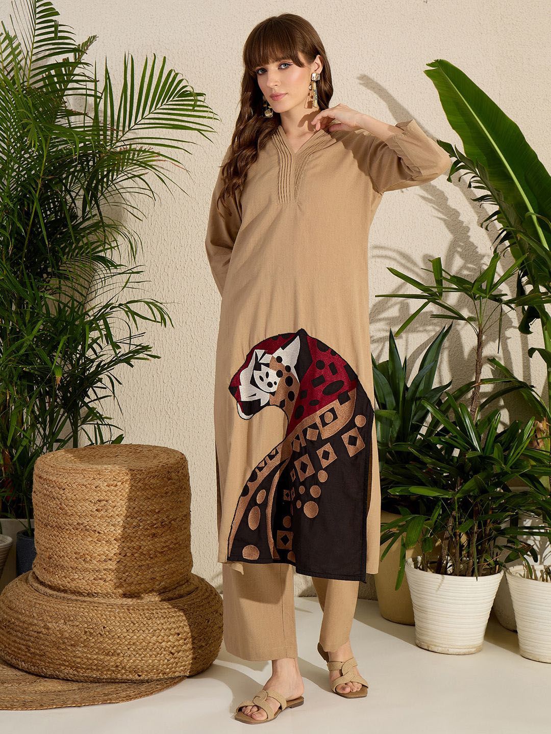 Adults-Women Woven Design Embroidered Cotton Kurta with Palazzos