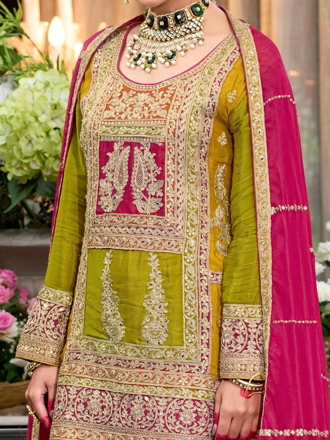 Dhiyona IE Floral Embroidered Sequinned Chinon Straight Kurta With Palazzos & Dupatta