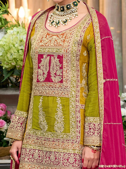 Dhiyona IE Floral Embroidered Sequinned Chinon Straight Kurta With Palazzos & Dupatta