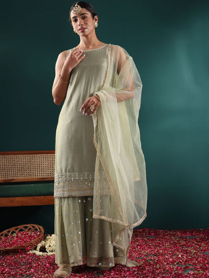 Dhiyona VA Women's Floral Embroidered Regular Kurta with Sharara & With Dupatta