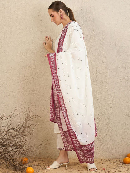 Floral Embroidered V-Neck Pure Cotton Straight Kurta With Trousers & Dupatta
