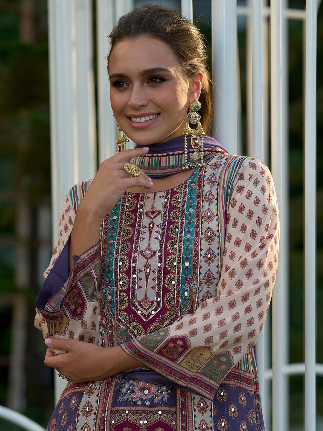 Dhiyona IE Floral Printed Mirror Work Liva Kurta with Palazzos & Dupatta