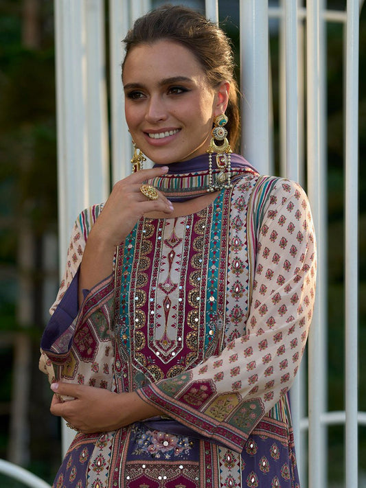 Floral Printed Mirror Work Liva Kurta with Palazzos & Dupatta