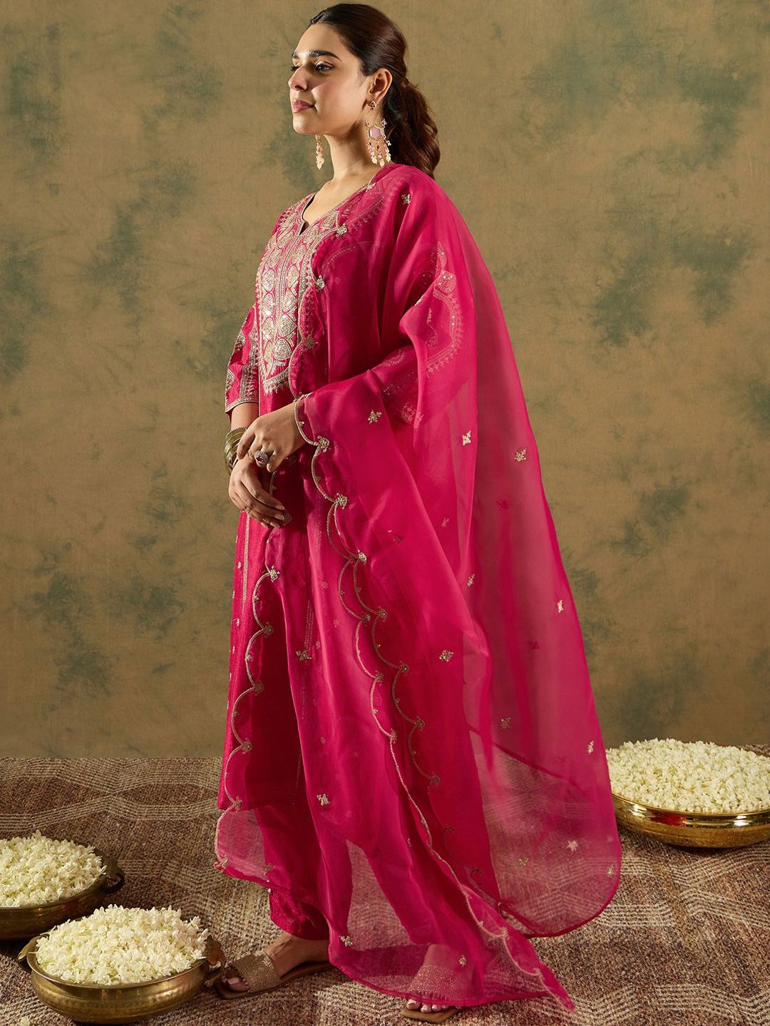 Ethnic Motifs Embroidered Panelled A-Line Kurta with Trousers & Dupatta