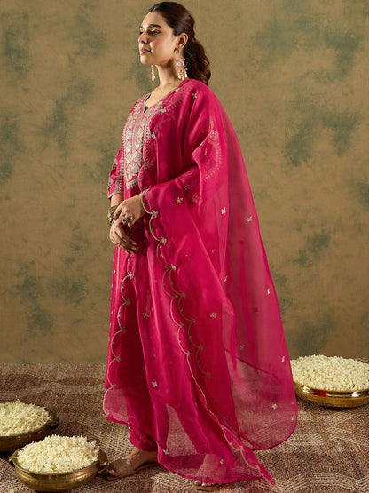 Ethnic Motifs Embroidered Panelled A-Line Kurta with Trousers & Dupatta