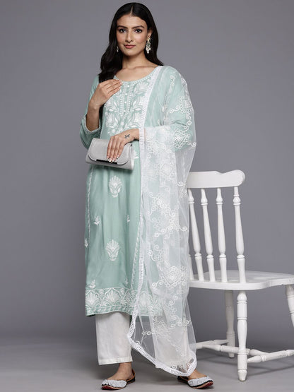 Dhiyona VA Women'sFloral Embroidered Panelled Thread Work Kurta With Trousers & Dupatta
