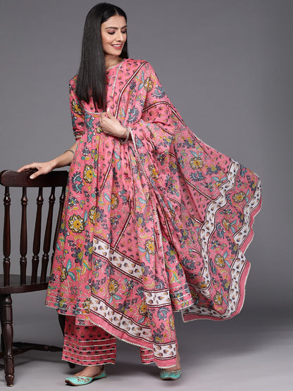 Dhiyona LB Women's Women Pink Floral Printed Panelled Pure Cotton Kurta with Palazzos & With Dupatta