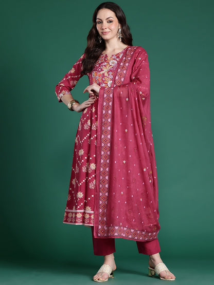 Dhiyona IE Floral Printed Pure Cotton Kurta with Trousers & Dupatta